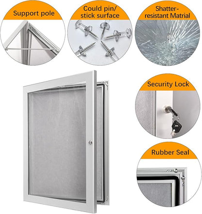 Locking Enclosed Bulletin Board Aluminum Memo Board Wall Mount Noticeboard with Rubber Seal Tamperproof Single Door Display Case for Indoor Or Outdoor Use, 26.8×20 in