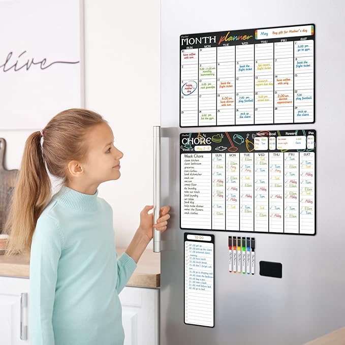 Magnetic Dry Erase Chore Chart & Monthly Planner - 17x12 Chore Chart & Monthly Calendar - 4"x12" List Pad - 6 Extra Fine Point Markers Included - Shipped Flat