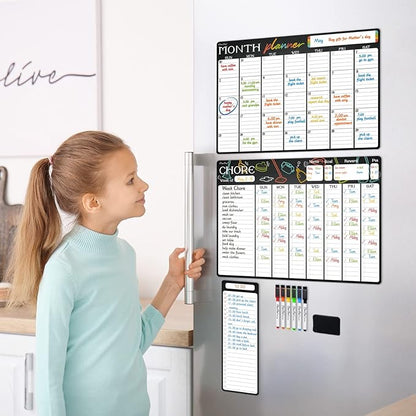 Magnetic Dry Erase Chore Chart & Monthly Planner - 17x12 Chore Chart & Monthly Calendar - 4"x12" List Pad - 6 Extra Fine Point Markers Included - Shipped Flat