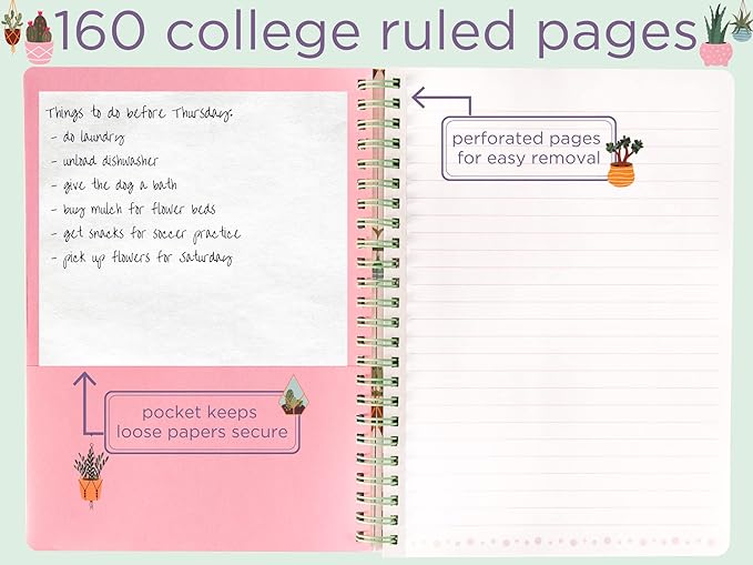 Steel Mill & Co Cute Pink Mini Spiral Notebook, 8.25" x 6.25" Journal with Durable Hardcover and 160 Lined Pages, Succulent