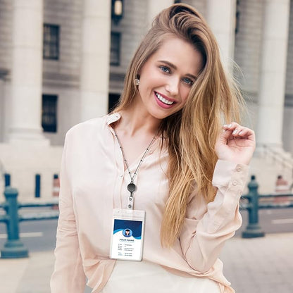 Outus 2 Pieces Badge Lanyard with ID Holders Stainless Steel Badge Holders Necklace Retractable Reel Clip Chain Water Resistant Name(Gray, Silver)