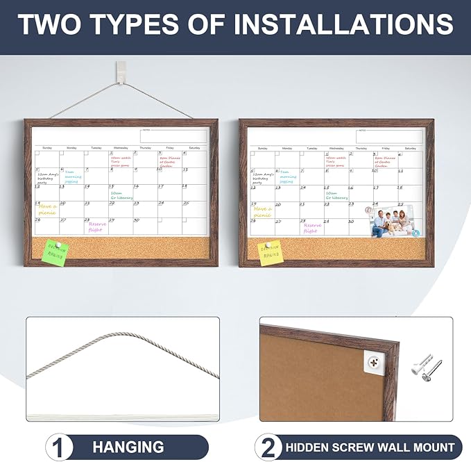Dry Erase Calendar Cork Board Combo, 17"x13" Calendar Whiteboard for Wall, Magnetic White Board Monthly Calendar with Wood Framed, Dry Erase Board for Home Office Kitchen Planner Memo