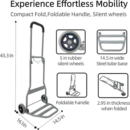 Folding Hand Truck with Silent Wheels, 165lbs Luggage Dolly Foldable Dolly Cart Lightweight Portable Folding Dolly Hand Cart Heavy Duty Utility Cart for Home Office Travel Use (Gray 2 Rubber Wheels)