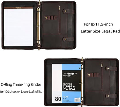 Portfolio Binder 3 Ring, Leather Binder Portfolio Folder for Left-Handed, Zippered Portfolio Padfolio Binder for Women, Leather Portfolio Organizer for Men (Dark Brown, Non-Custom)