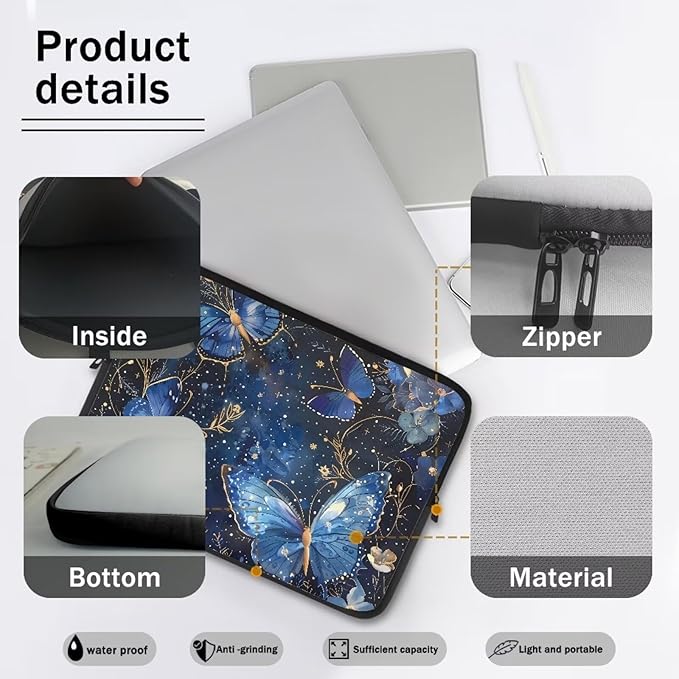 Butterfly Flower Laptop Sleeve for Women 12 inch Laptop Protector with Multiple Uses Computer Carrying Case Portable Tablet Bag Lap Top Case Men Laptop Protector Galaxy Blue