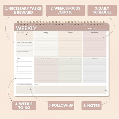 SUNEE Weekly To Do List Notepad - Last for 2 Years, 52 Undated Sheets, 8.5"×11", Spiral Weekly Desk Planner Pad for Adults and Kids, School, Home & Office - Brick Red