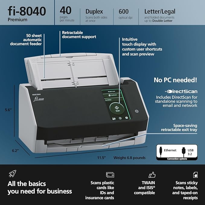 RICOH fi-8040 Premium Fast Front Office & Desktop Document, Receipt, ID Card Scanner with 50 Page Auto Feeder and PC-Less DirectScan Network Scanning Capability with 4-Year Advance Exchange Warranty