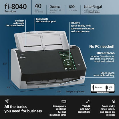 RICOH fi-8040 Premium Fast Front Office & Desktop Document, Receipt, ID Card Scanner with 50 Page Auto Feeder and PC-Less DirectScan Network Scanning Capability with 4-Year Advance Exchange Warranty