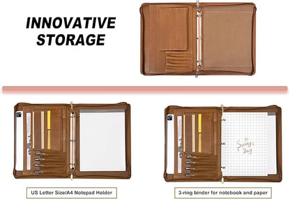 Free Name Engraved, Personalized Leather Portfolio Binder for Men, 3 Ring Binder Custom Padfolio Folder, Handmade Professional Business Organizer with Zipper, Gift for Men/Women, Customized, Brown