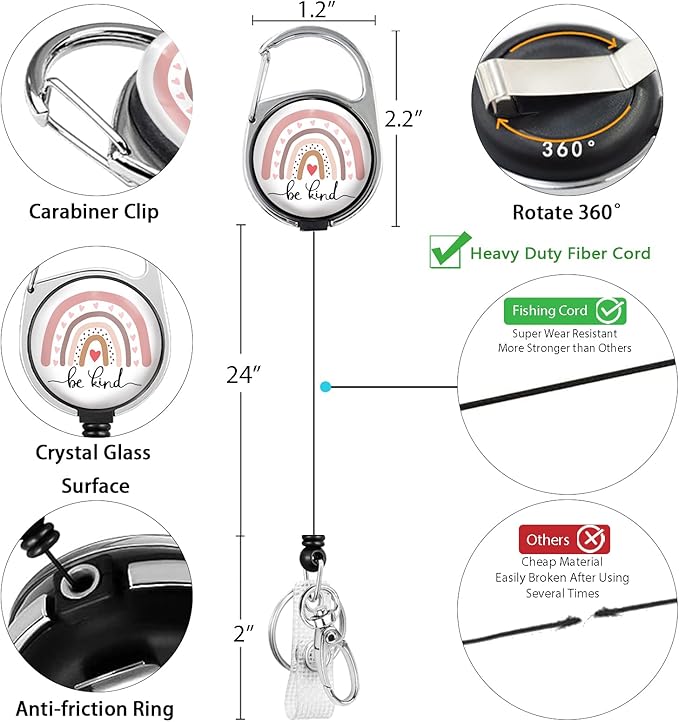 Be Kind Lanyards for Id Badges, Cute Rainbow Badge Reel Heavy Duty with Carabiner Clip, Fashionable ID Badge Holder with Breakaway Lanyard, Teacher Nurse Office Christmas Gifts