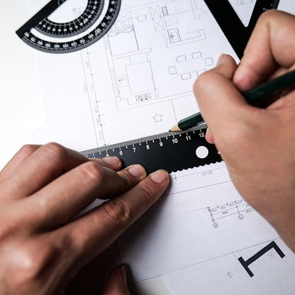 5 Pcs Metal Geometry Set, Math Drafting Ruler Kit- Aluminum Triangle Rulers, Protractor, 8 Inch and 6 Inch Drawing Ruler, Measuring Tool for School and Office (Metric and Imperial, Black)