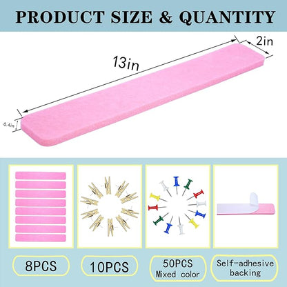 8Pcs Bulletin Board Strips,Pink Felt Pin Board Bar Strips with 50 Pushpins, Self-Adhesive Felt Cork Board Strips for Wall to Display Your Notes, Photos, Schedules, Announcements