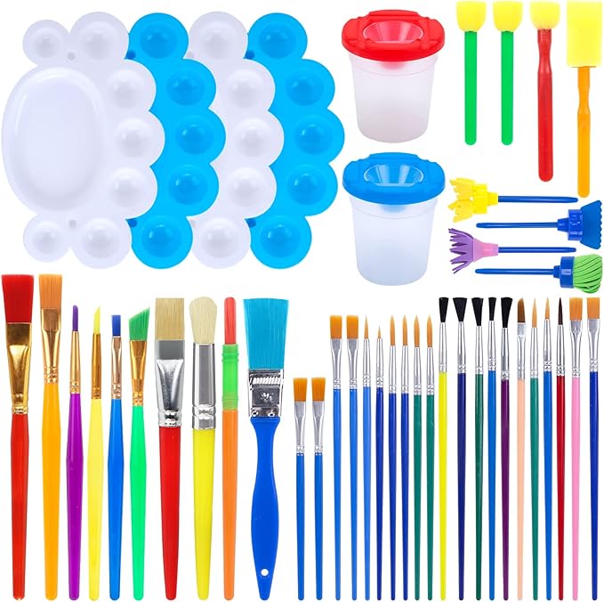 BigOtters Painting Brushes, 45PCS Kids All Purpose Paint Supplies Include Paint Cups with Lids Palette Tray Multi Sizes Paint Brush Set for Kids Gifts School Prizes Art Party