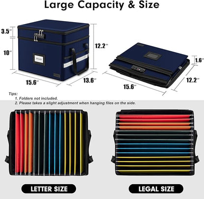 ETRONIK Fireproof Document Box with Lock, 2-Layer File Box Storage Organizer with 5 Tabs& Insert, Portable File Cabinet Storage Box with Handle for Hanging Letter/Legal Size Folder/Certificate, Blue