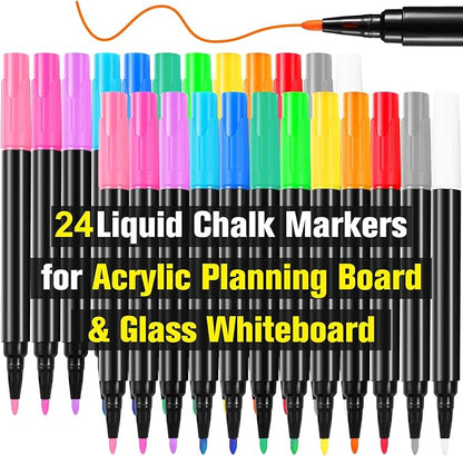 24 Liquid Chalk Markers 12 Colors for Acrylic Calendar Planning Boards Glass Dry Erase Board Whiteboard Wet Erase Markers for Window Mirror, 1mm Fine Points, for Glass Window Halloween Painting