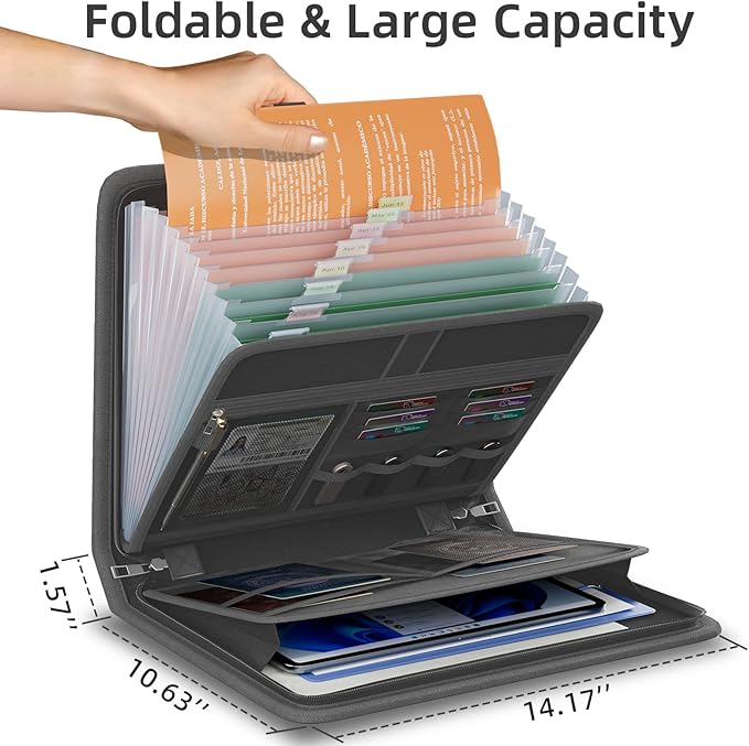 Fireproof Accordion File Organizer, Portable Expanding File Folder with Waterproof Zipper&Labels, Dark Gray Document Organizer with 13 Pockets, File Organizer for Important Document/Paper Storage