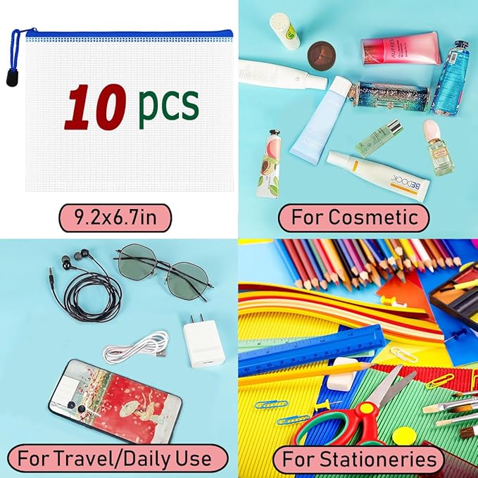 AUSTARK 10 Pcs Zipper File Bags, Waterproof Plastic Mesh Pouch for Office School, Board Game Storage Bags (A5 Size 9.2''x6.7'', White and Blue)