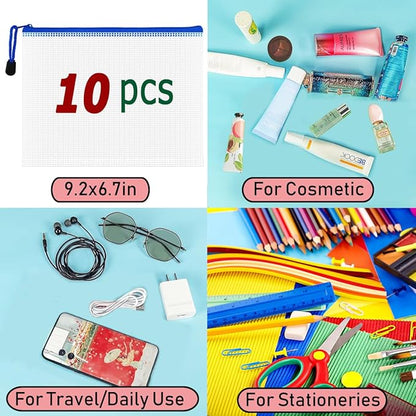 AUSTARK 10 Pcs Zipper File Bags, Waterproof Plastic Mesh Pouch for Office School, Board Game Storage Bags (A5 Size 9.2''x6.7'', White and Blue)