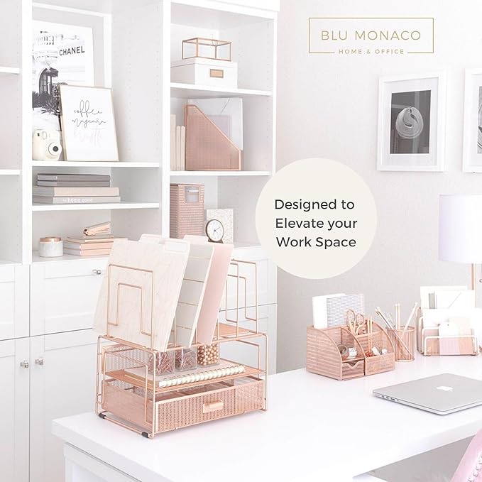 BLU MONACO Workspace Rose Gold Desk Organizers and Storage Accessories Desktop Rack File Organizer with File sorters and Drawer for Office Supplies - Cute Desk Organizer
