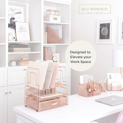 BLU MONACO Workspace Rose Gold Desk Organizers and Storage Accessories Desktop Rack File Organizer with File sorters and Drawer for Office Supplies - Cute Desk Organizer