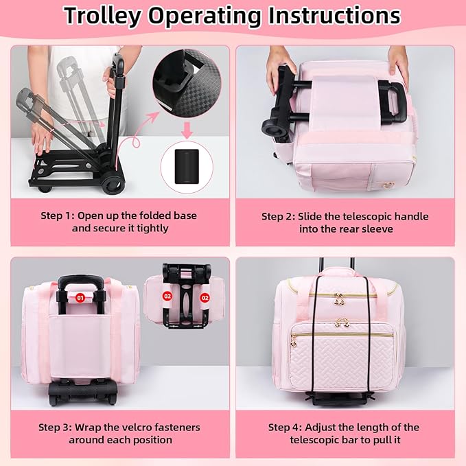 Rolling Teacher Tote Bag with Detachable Trolley, Wheeled Teacher Bag with 15 Inch Laptop Compartment, Soft Nylon Multifunctional Tote Bag with Wheels for Teaching& Office Supplies (Pink)