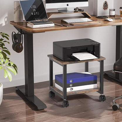 Under Desk Printer Stand, 2-Tier 16.5''x 12.6''x 14.8'' Rolling Printer Stand Storage Shelves for Printer, Scanner, Fax Machine, Files, Books with Anti-Skid Feet for Home, Office, Brown