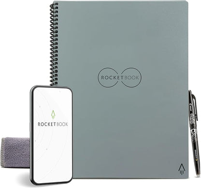 Rocketbook Core Reusable Spiral Notebook, Letter Size 8.5x11, Gray - Lined Pages, App-Connected, Erasable, Durable Cover, Ideal for School, Work, and Creative Projects