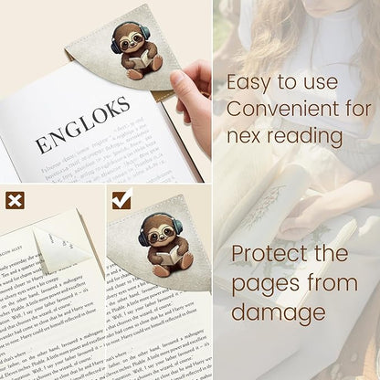 Cute Sloth Owls Panda Corner Bookmarks, Funny Leather Book Accessories for Book Lovers, 3 Pcs Reading Book Page Markers for Women Men Student Teacher Girls Boys Kids Retirement Birthday Gifts