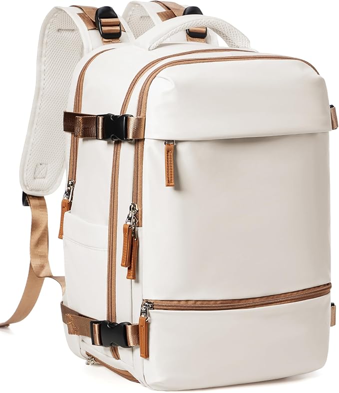 Travel Backpack for Women Men, Flight Approved Carry on Backpack with Shoe Compartment, Waterproof Laptop Backpack Personal Item Travel Bag - Ideal for Weedender, Hiking, Sport & Gym, Beige with Brown