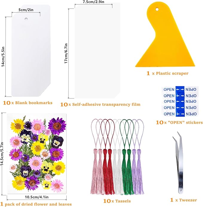Cardstock Blank Bookmarks Set, 10 Pcs DIY White Craft Bookmarks for Pressed Flowers, Dried Flower Bookmark Making Kit with 36 Pcs Pressed Flowers, 10 Pcs Tassels, DIY Bookmarks for Dried Flowers