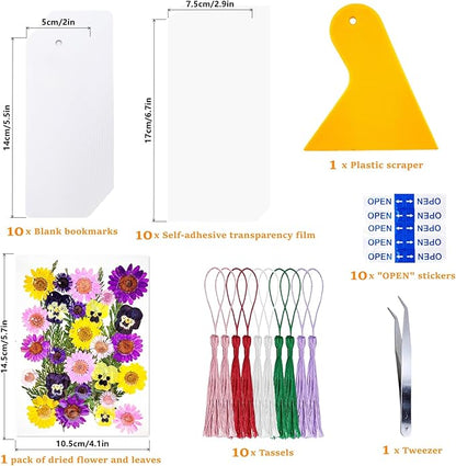 Cardstock Blank Bookmarks Set, 10 Pcs DIY White Craft Bookmarks for Pressed Flowers, Dried Flower Bookmark Making Kit with 36 Pcs Pressed Flowers, 10 Pcs Tassels, DIY Bookmarks for Dried Flowers
