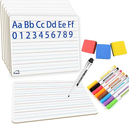 6pack Dry Erase Board 9"x12" with Lines and Blank Surface Learning,Math,Writing - Student,Teacher & Homeschool Supplies Mini Whiteboard Erasers Included Colors pens