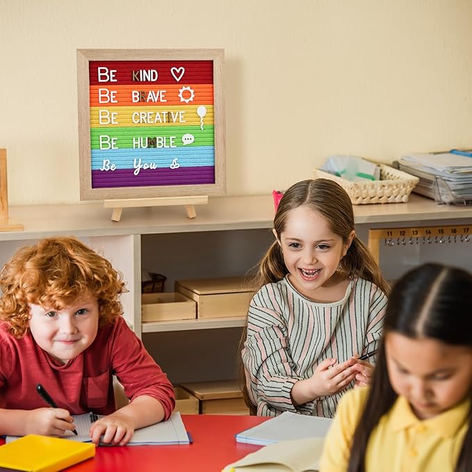 Changeable Felt Letter Board with Letters, Pre Cut & Sorted 725 Letters, Rainbow Decor, 10x10 Inch Message Board, Classroom Decor Farmhouse Wall Decor Sign Board, Pride Decorations for Office