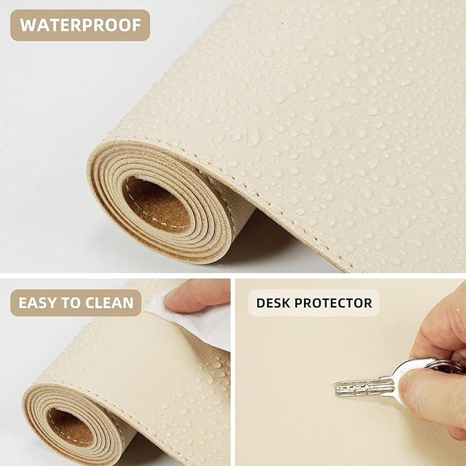 Leather Desk pad Protector, Large Desk mat with Natural Cork & PU Leather,Mouse pad,Non-Slip Office Desk Mat,Waterproof Desk Writing Pad for Office and Home (35in*17in, Apricot)