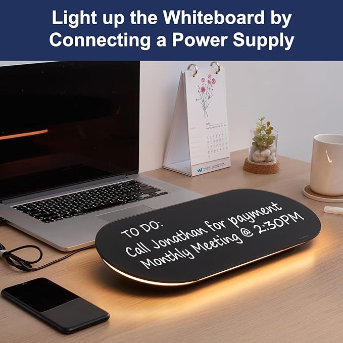 TSJ OFFICE Glass Desktop Whiteboard - 17 X 7 Inches Small Dry Erase Board with Warm Light, Black Glass White Board Surface Notepad with 1 Drawer, Desk Organizers for Office, Home, School Supplies