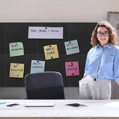 Bulletin Board 48 x 36, Black Cork Board Alternative for Office, 12 Count Felt Wall Tiles with Removable Adhesive Tabs, Square Pin Board Tack Board with 30 Pushpins(Black)