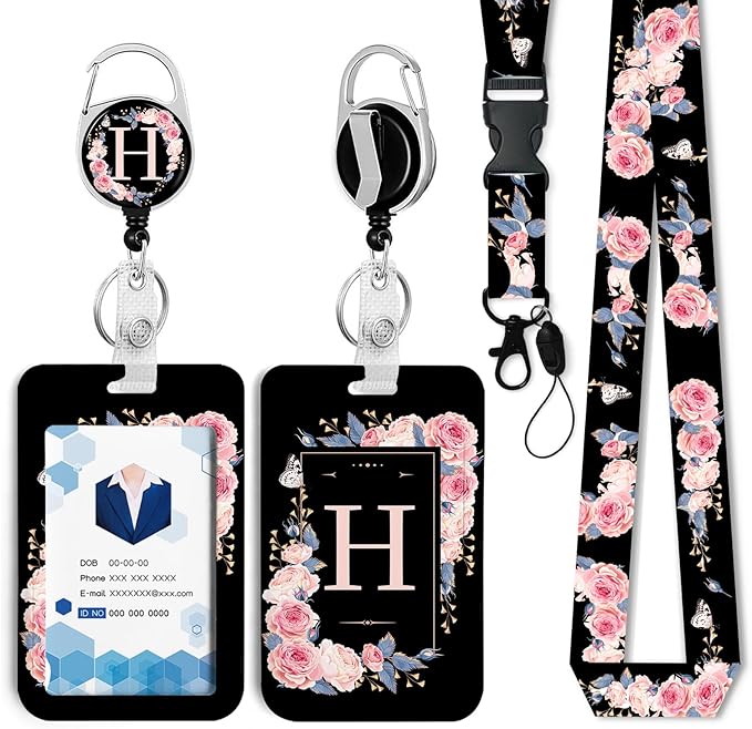 A-Z Badge Holder with Retractable Reel and Breakaway Lanyard Badge Clips Retractable Heavy Duty Badge Reel，Keychain，ID Holder with Breakaway Lanyard for School Nurse Office Teen H