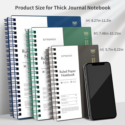 EMSHOI A5 Spiral Notebook College Ruled Lined Journal, Small 5.7" X 8.22", 300 Pages/150 Sheets, 100gsm Thick Paper, Waterproof Hardcover, for Office School Women Men Work Writing Notes, Green