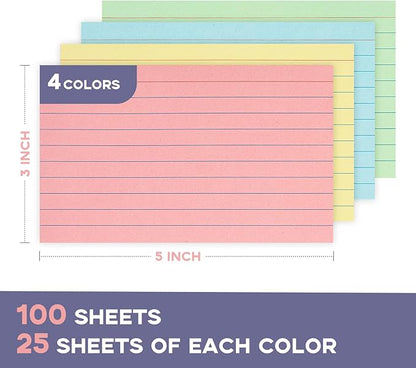 Colored Index Cards 3x5, Goefun Lined Notecards 100Pcs, 4 Color Flsahcards for Studying, Memo Cards, Office Supply, DIY, To Do List, Presentation