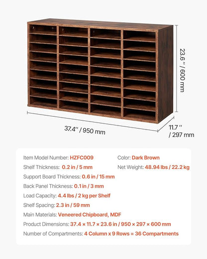 VEVOR Literature Organizer, 36 Compartments Office Mailbox with Removable Shelves, Wood Mailbox Sorter Particle Board Office Home Classroom Storage, File Sorter for File, Document, Paper, Retro Brown