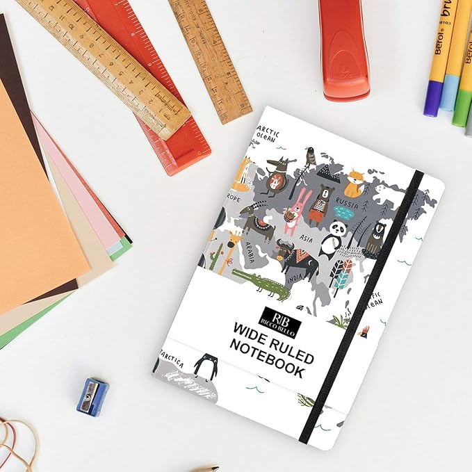 RICCO BELLO Wide Ruled Hardcover Diary Journal School Notebook for Kids, Tweens - Bookmark, Band Closure, Storage Pocket, 5.7 x 8.4 Inches, 192 Pages, (Animal World)