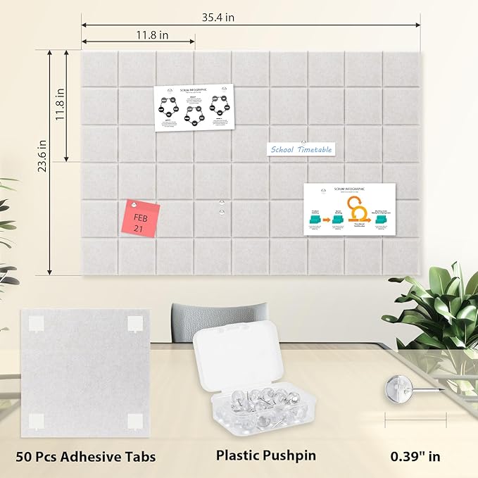 Smarpau 12 Pack Felt Cork Board Tiles 48"x36" Large Cork Board with Safe Removable Adhesive Tabs Square Cork Bulletin Board for Home Office Pin Board Tack Board Light Camel