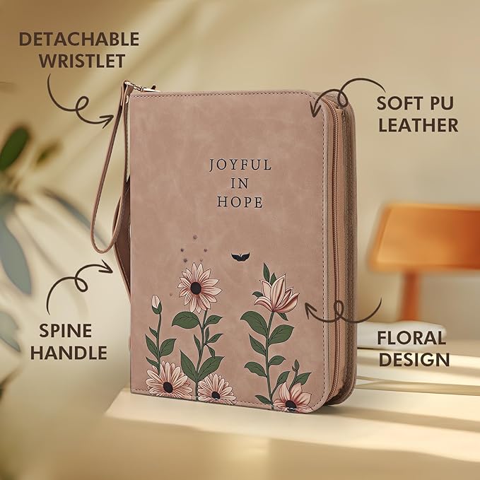 Bible Cover Case, Premium Bible Case, Leather Carrying Book Case with Handle&Zippered Pocket for Standard Size Bible and Bible Accessories, Ideal Gift for Women Men Lady Girls (Fits Smaller Bibles)