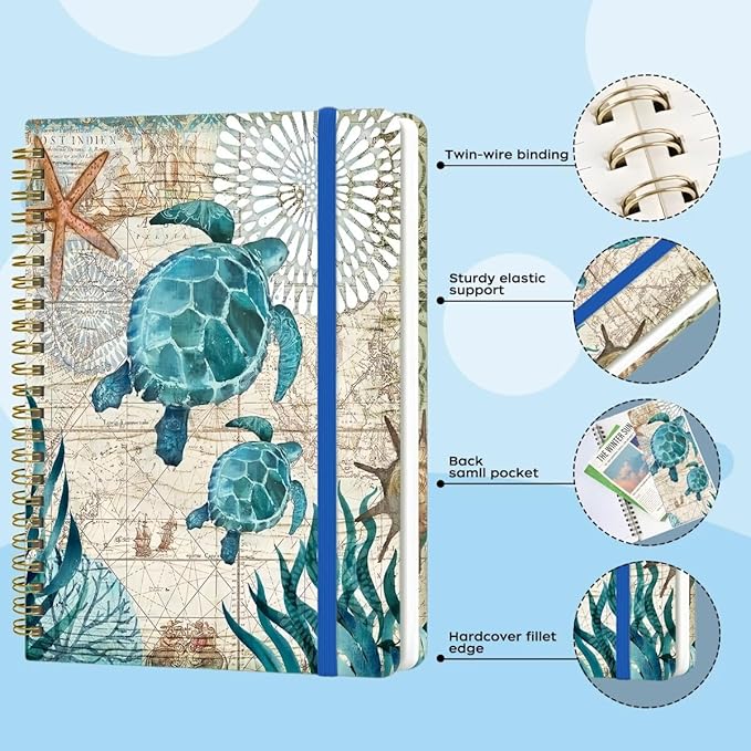 Spiral Notebook - A5 Spiral Notebooks, 8.3'' × 5.8'', 160 Pages, Aesthetic Journaling Notebooks for Women, College Lined Notebook with Elastic Closure, Back Pocket, for School Office, Two Turtle
