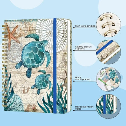 Spiral Notebook - A5 Spiral Notebooks, 8.3'' × 5.8'', 160 Pages, Aesthetic Journaling Notebooks for Women, College Lined Notebook with Elastic Closure, Back Pocket, for School Office, Two Turtle