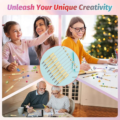 15 Pieces Beadable Pens - Beaded Pens Plastic Diy Black Ink Ballpoint Pens Bulk - Bead Pens Suitable For Teacher, Students, Office, School, Graduation Gift Supplies（Golden）