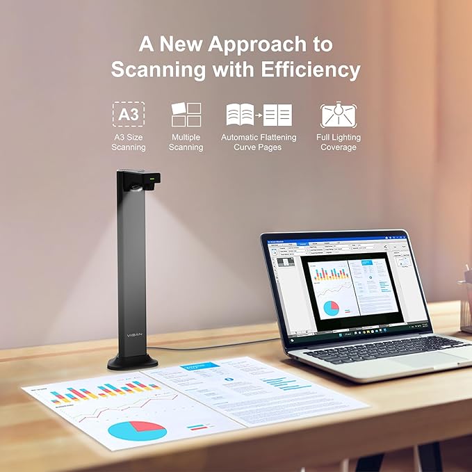 VIISAN DL24 Innovative Book Scanner, 24MP Document Camera with Asymmetrical Lighting Tech, A3 Document Scanner, OCR Auto-Flatten & Deskew, Text-to-Speech, for Desktop/Laptop, Works with Windows/MacOS