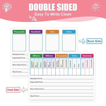 10 Pack Dry Erase Place Value Whiteboard Card,9" x 12" Double Sided Dry Erase Boards for Kids for Teaching Place Values from Billions to Decimal Numbers,Math Manipulatives White Board for Students