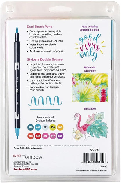 Tombow 56189 Dual Brush Pen Art Markers, Tropical, 10-Pack. Blendable, Brush and Fine Tip Markers