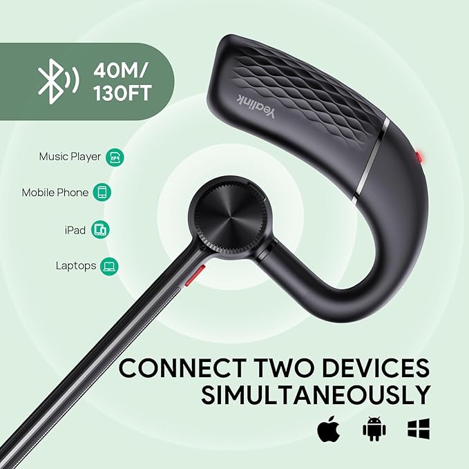 Yealink BH71 Lite Bluetooth Headset,Wireless Earpiece with 4 Noise Cancelling Microphone,10H Talk Time, Adjustable Ear Hook,Bluetooth Earphones for Cell Phone,Driving,Office Work